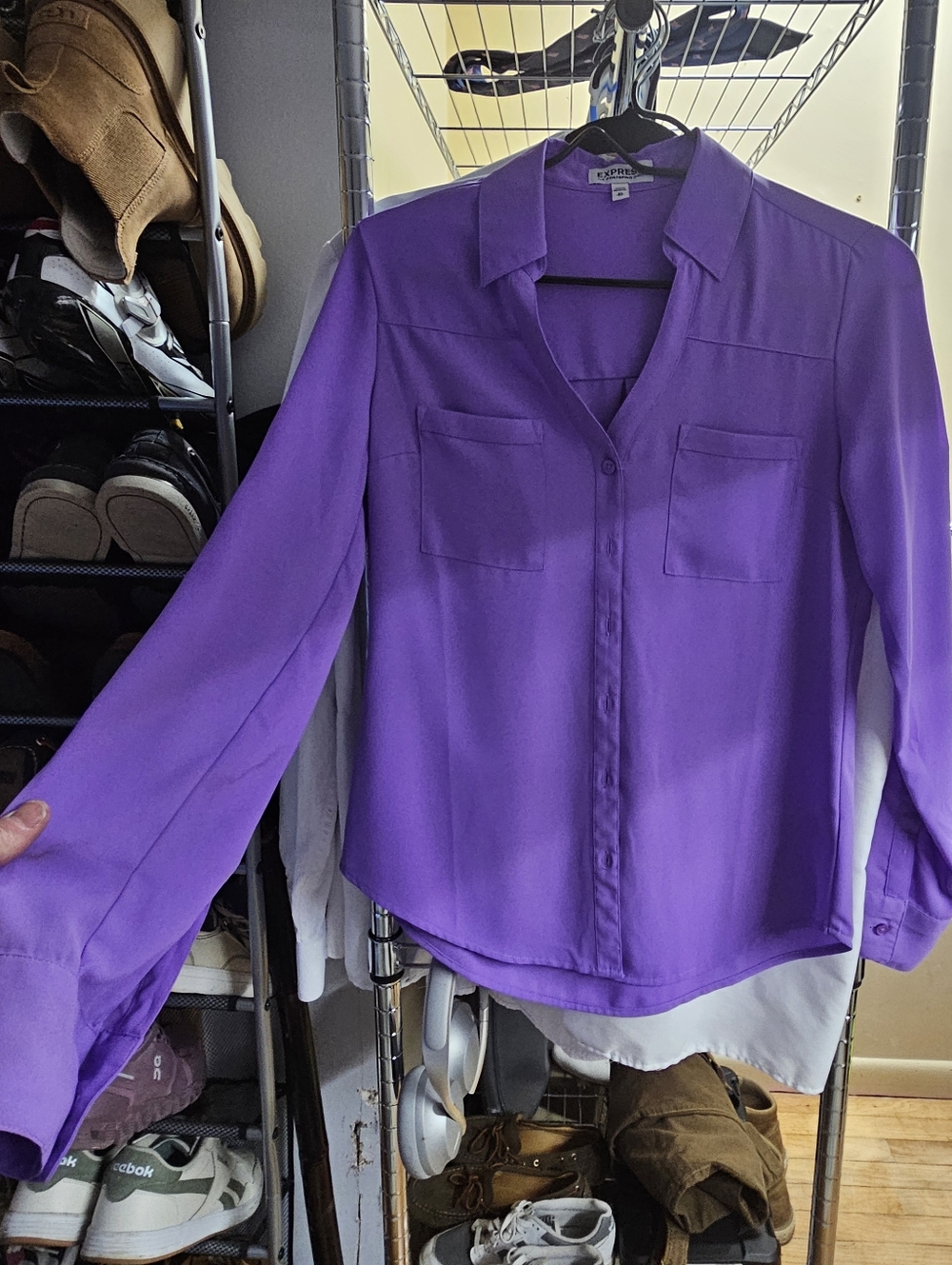 Express Violet Long-Sleeve Button Front Blouse